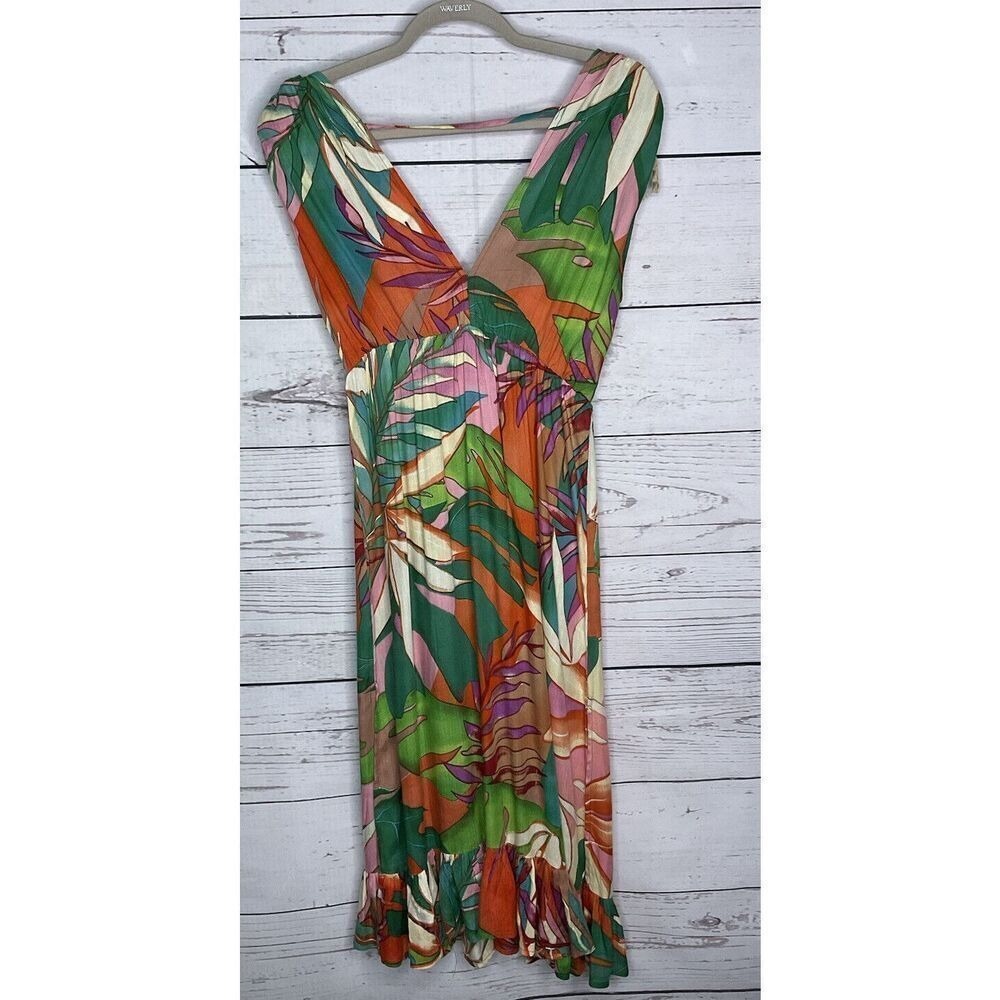 True Destination V Neck Dress Multicolor Tropical Leaf Print Sleeveless Casual S - Picture 4 of 11